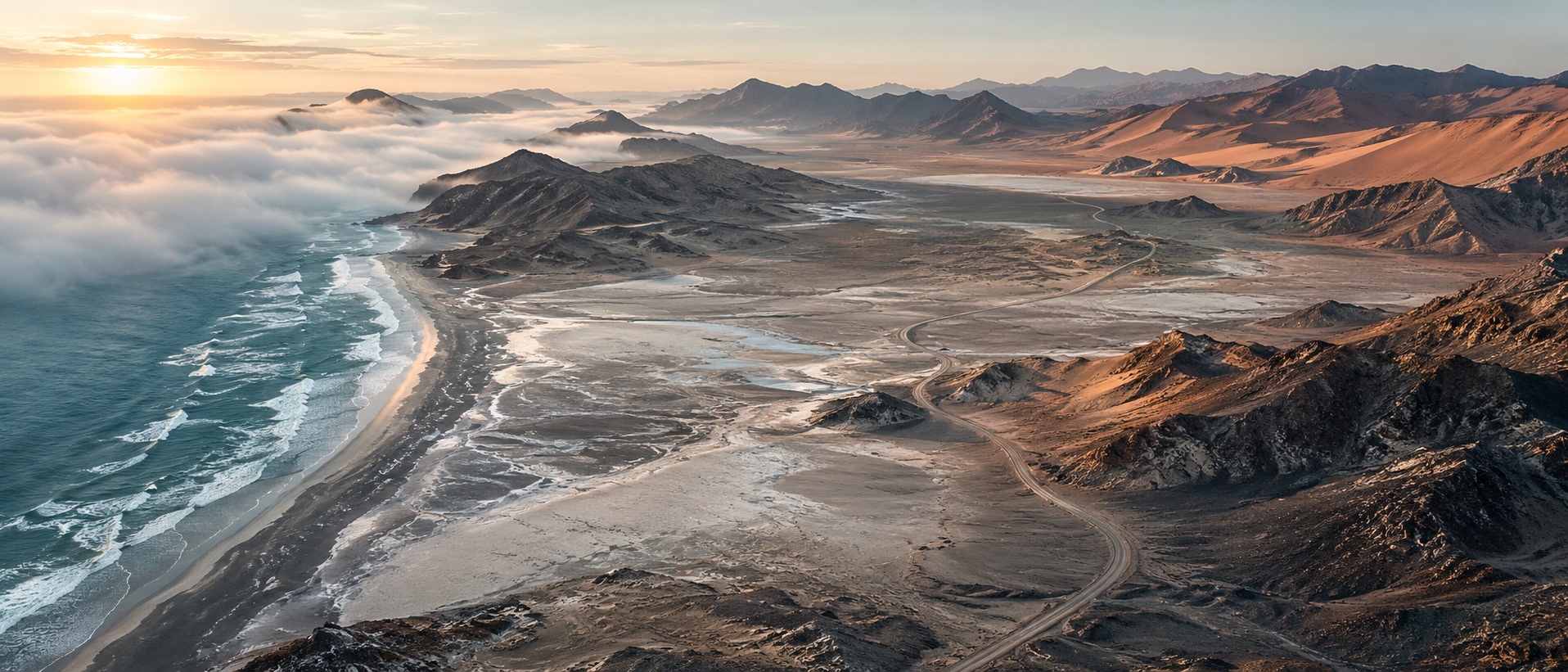 Aerial Namibian landscape where Atlantic fog, salt, dune and basalt meet