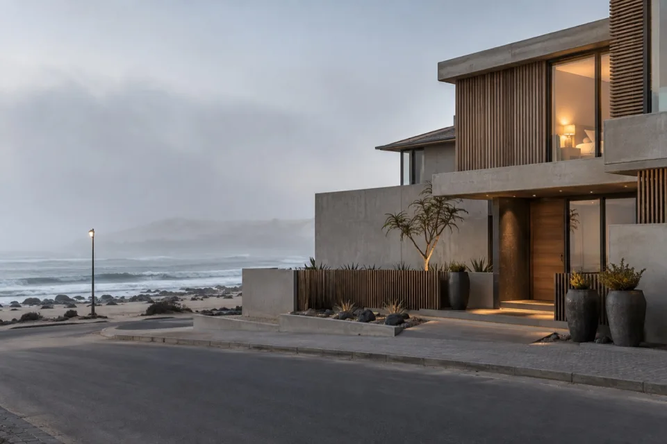 Coastal Namibian lodge architecture emerging through cool Atlantic mist