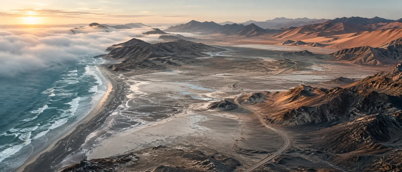 Namibia from Atlantic mist across salt and mineral terrain