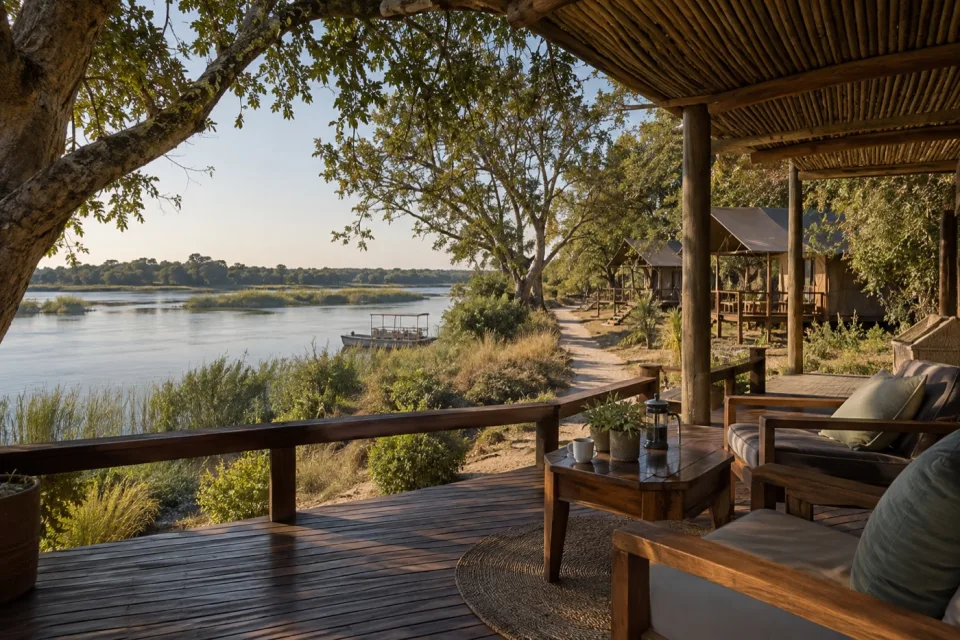 Riverside Namibian lodge deck looking across green reeds and water